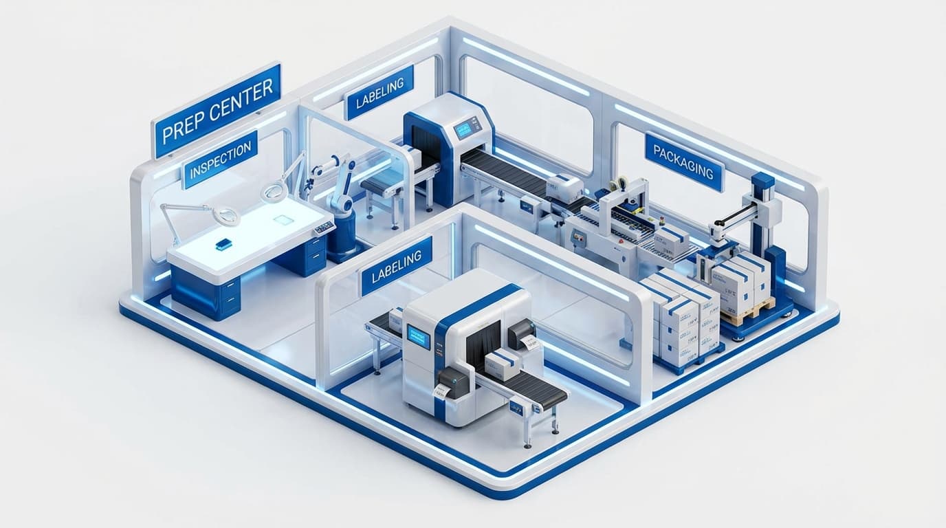 Estação de prep center com etiquetagem e montagem de kits para marketplace
